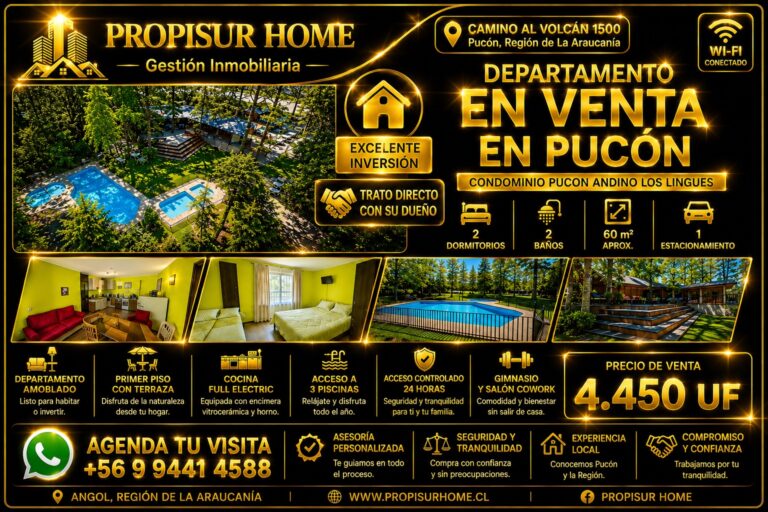 Departamento en venta en Pucón con piscinas y áreas verdes en Condominio Pucón Andino Los Lingues