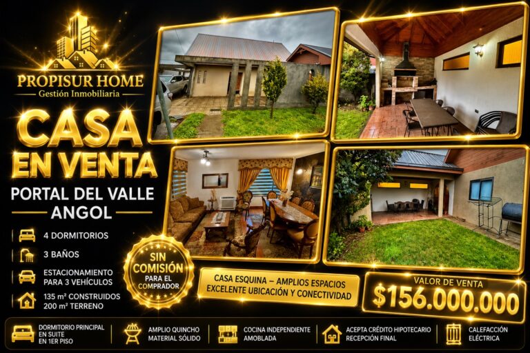 Casa en venta en Portal del Valle, Angol, con 4 dormitorios, 3 baños, amplio quincho, patio y estacionamiento para 3 vehículos.